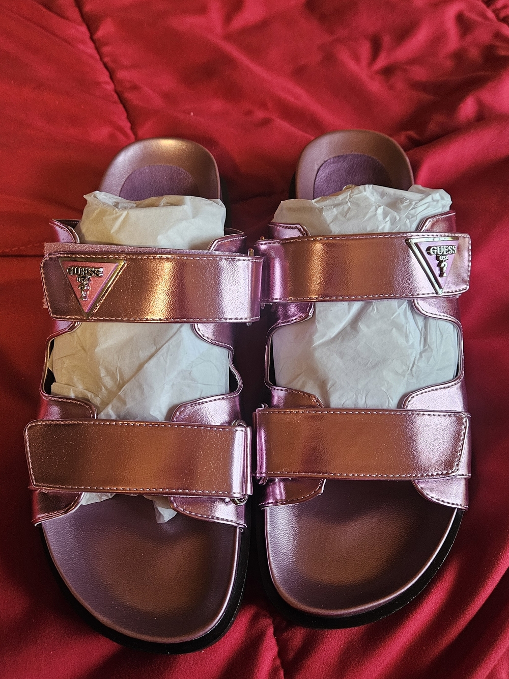 GUESS Shiny Pink Triple-Strap Slide Sandals